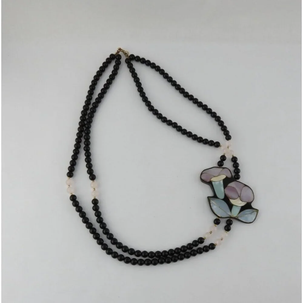 Anne Gee Black Beaded Mother Of Pearl Floral Statement Necklace - Picture 5 of 10